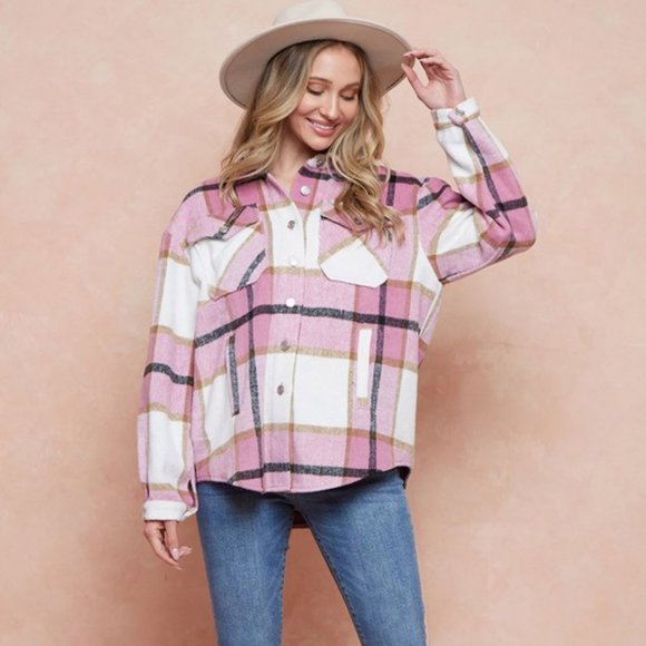 NEW SHACKET FLANNEL PLAID JACKET SHIRT pink/white SM-XLG bohemian western Barbie - Picture 6 of 8